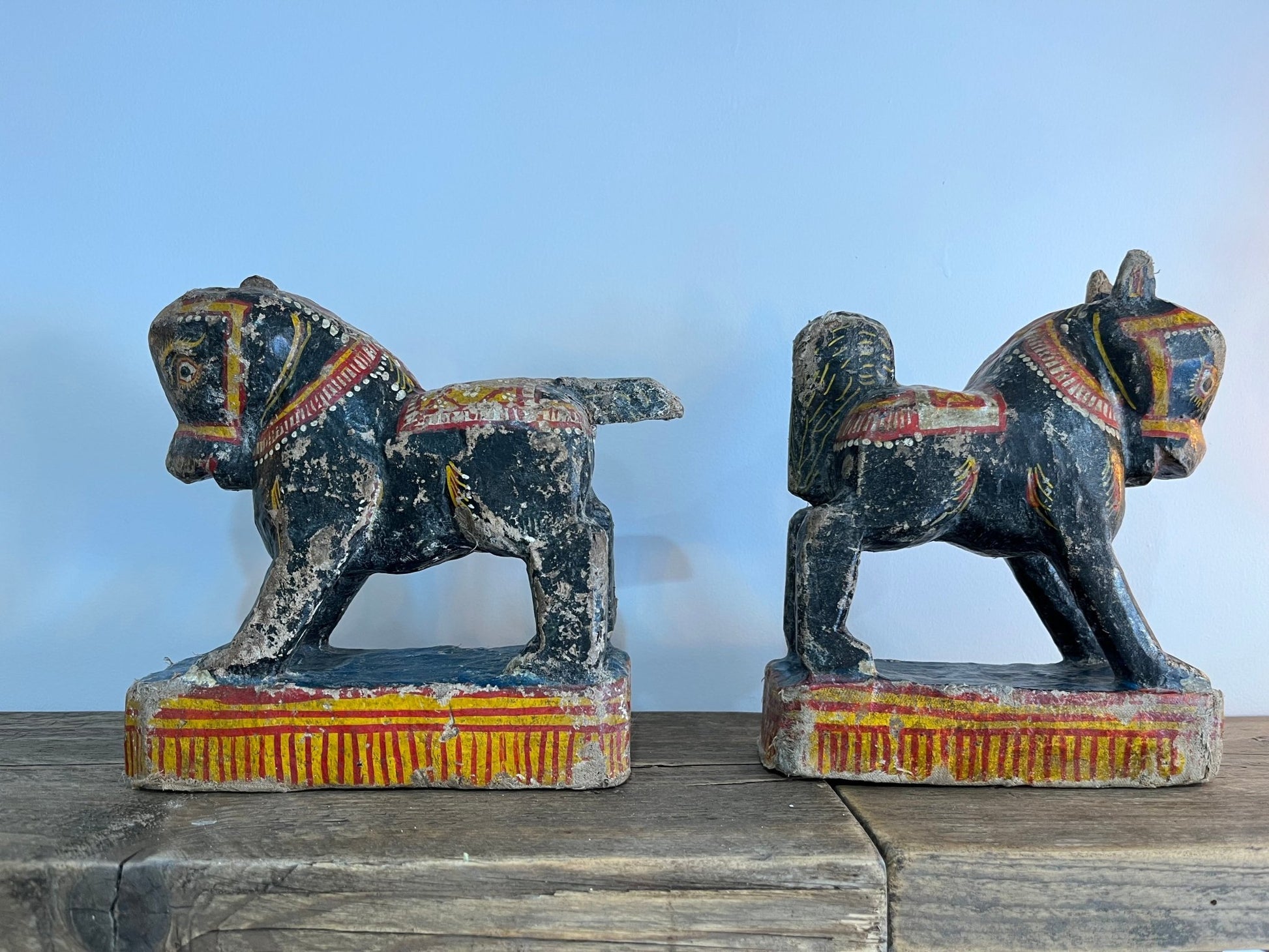 Pair of Rare Antique Colourful Hand Painted Indian Horses Carved Wood With Wrapped HessianDust CollectorsDust Collectors