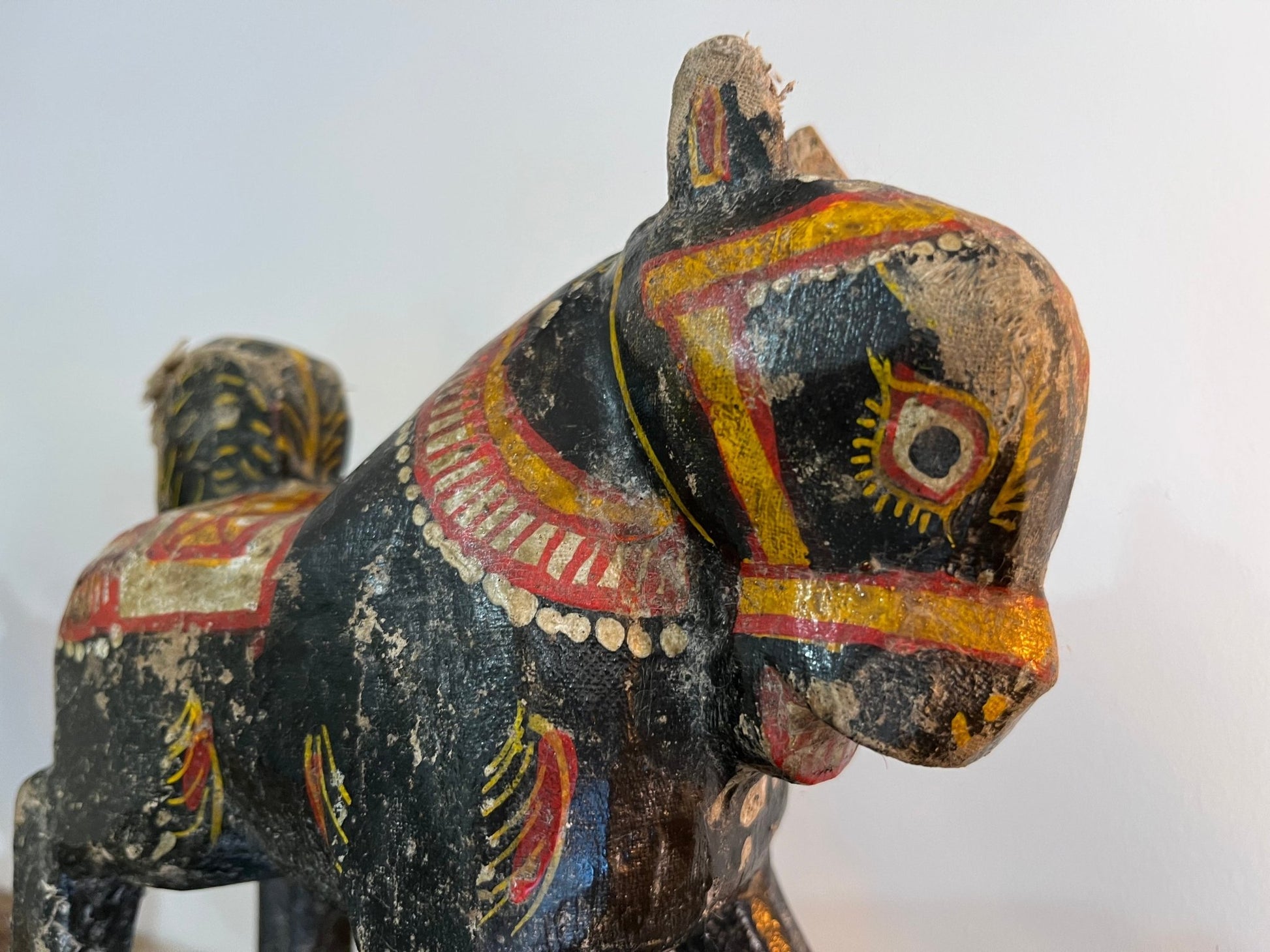 Pair of Rare Antique Colourful Hand Painted Indian Horses Carved Wood With Wrapped HessianDust CollectorsDust Collectors