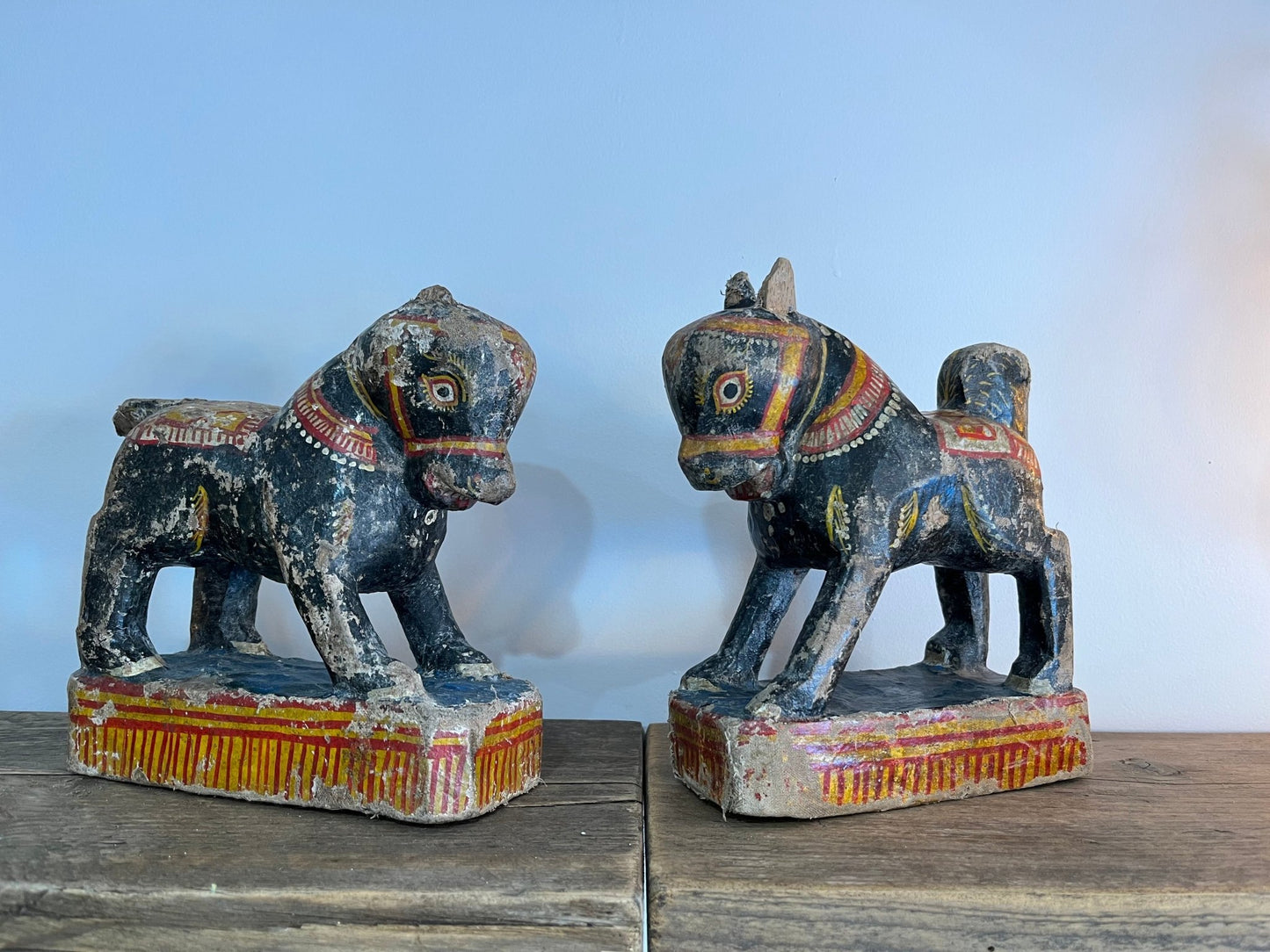 Pair of Rare Antique Colourful Hand Painted Indian Horses Carved Wood With Wrapped HessianDust CollectorsDust Collectors