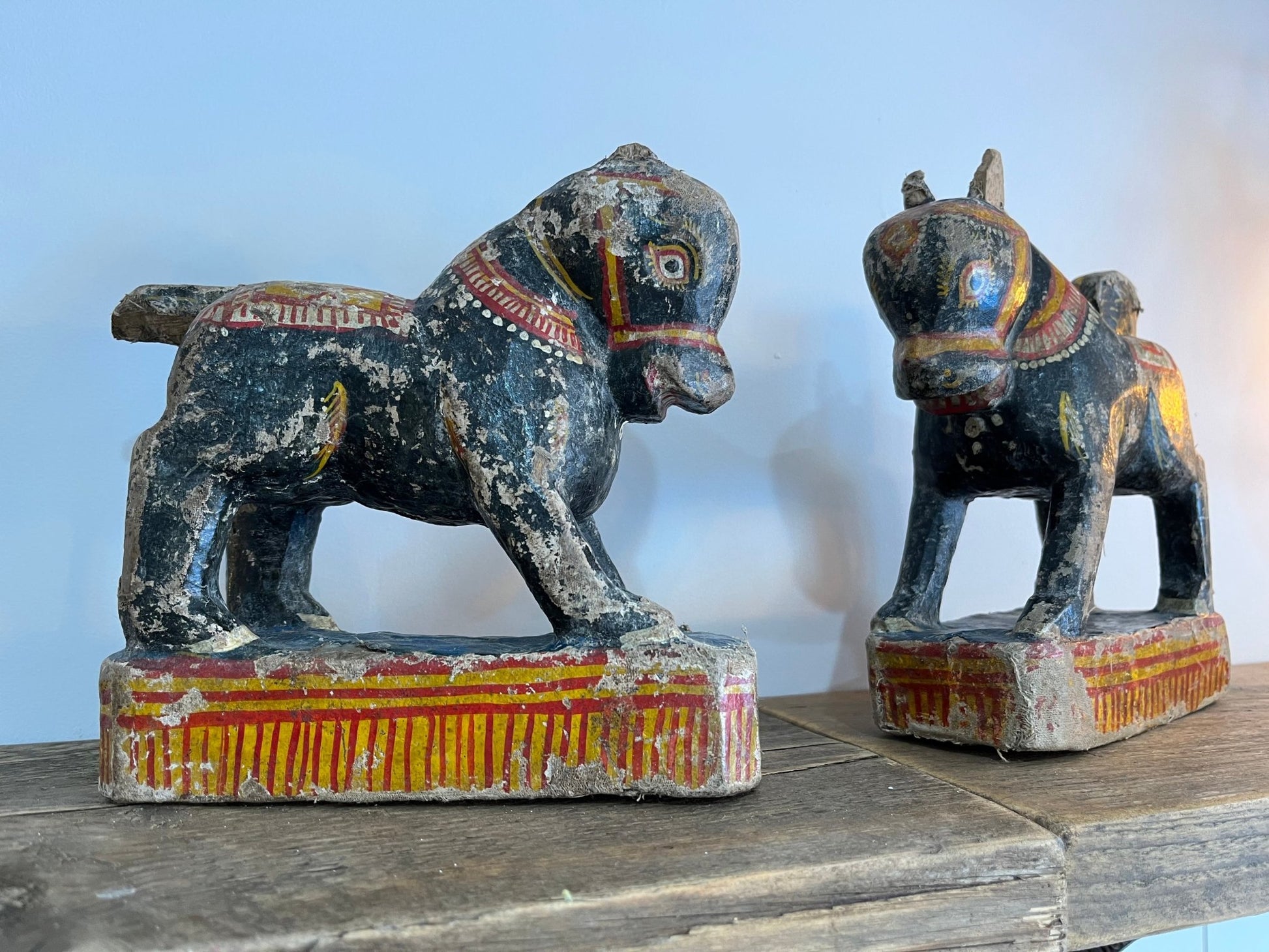 Pair of Rare Antique Colourful Hand Painted Indian Horses Carved Wood With Wrapped HessianDust CollectorsDust Collectors