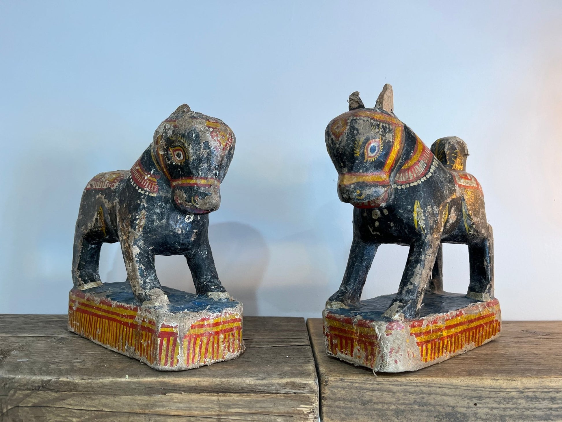 Pair of Rare Antique Colourful Hand Painted Indian Horses Carved Wood With Wrapped HessianDust CollectorsDust Collectors