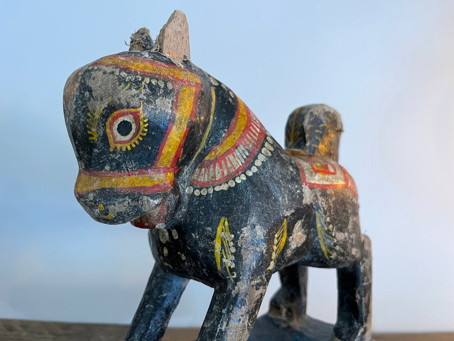 Pair of Rare Antique Colourful Hand Painted Indian Horses Carved Wood With Wrapped HessianDust CollectorsDust Collectors