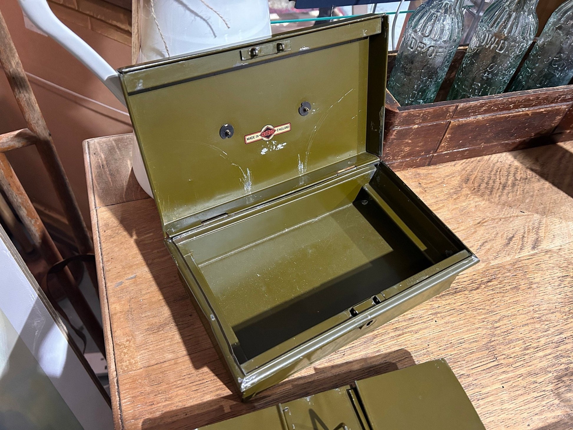 Vintage Criterion Made in England Military Green Metal Cash Box with TrayDust CollectorsDust Collectors