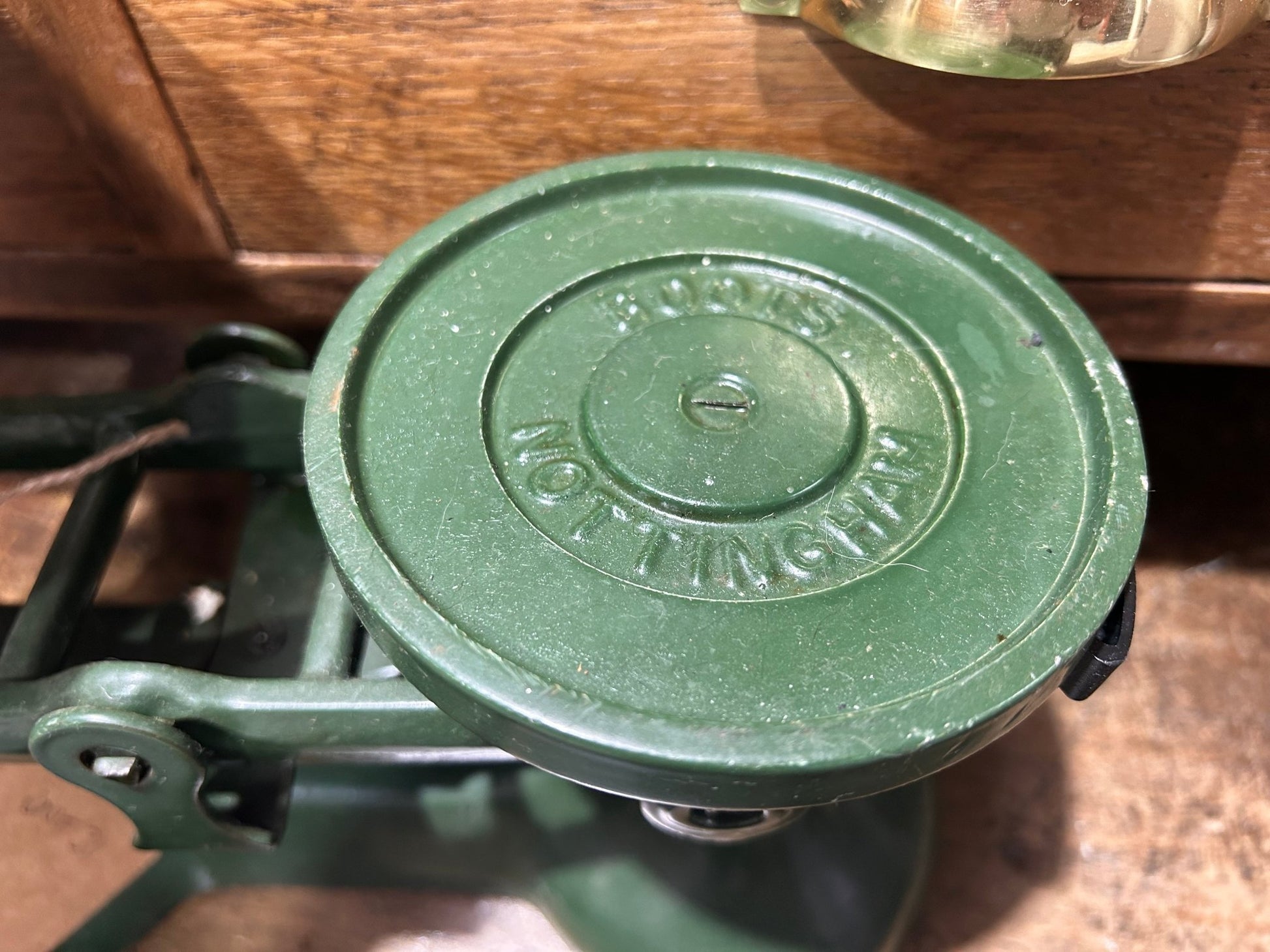 Vintage Green Metal Weighing Scales Brass Bowl Boots Nottingham With WeightsDust CollectorsDust Collectors
